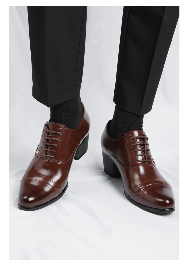 Premium Leather Men Shoes Slip On Loafers European Brand Business Casual Wedding Party Plaid Design Height Increasing