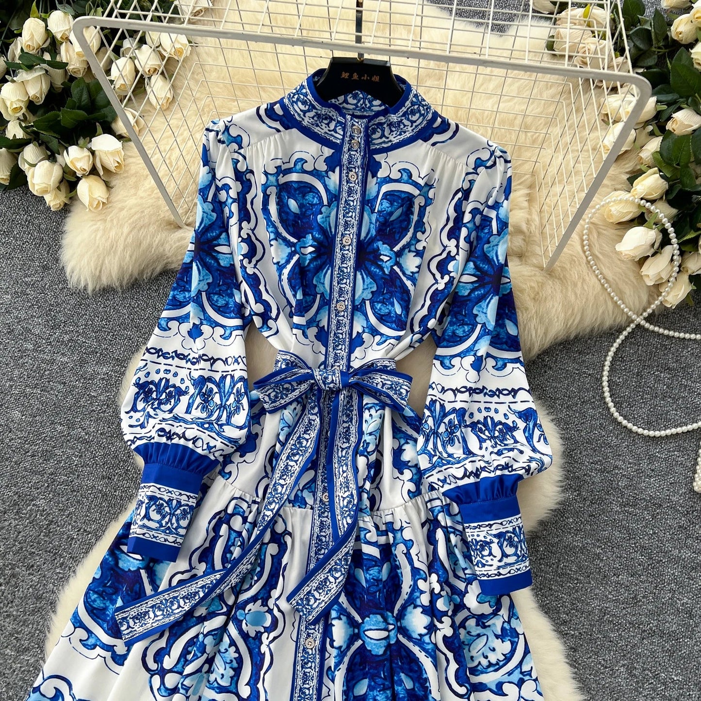 Retro Faion Print Stand Collar Single Button Women's Dr Waist Cinched Floor Length Skirt Korean Sle High Waist Long Sl...