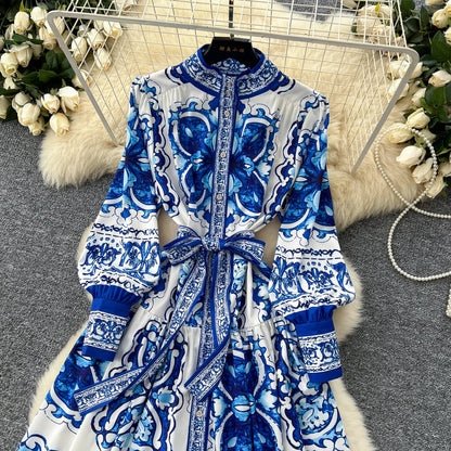 Retro Faion Print Stand Collar Single Button Women's Dr Waist Cinched Floor Length Skirt Korean Sle High Waist Long Sl...