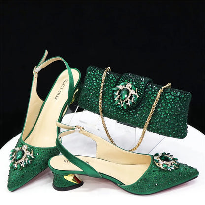 Royal Blue Sandals for Women 2024 Luxury Wedding Pumps Med Heels Rhinestone Design Party Shoes and Bags Set