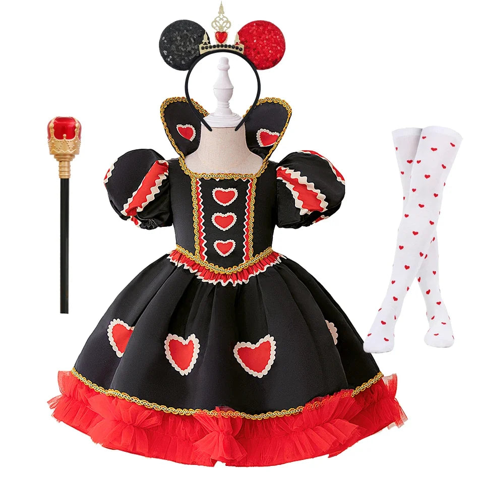 Halloween Red Queen Costume Girls Queen of Hearts Costume with Heart Details Stand Collar Red Black White Carnival Dress