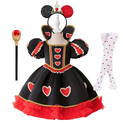 Halloween Red Queen Costume Girls Queen of Hearts Costume with Heart Details Stand Collar Red Black White Carnival Dress