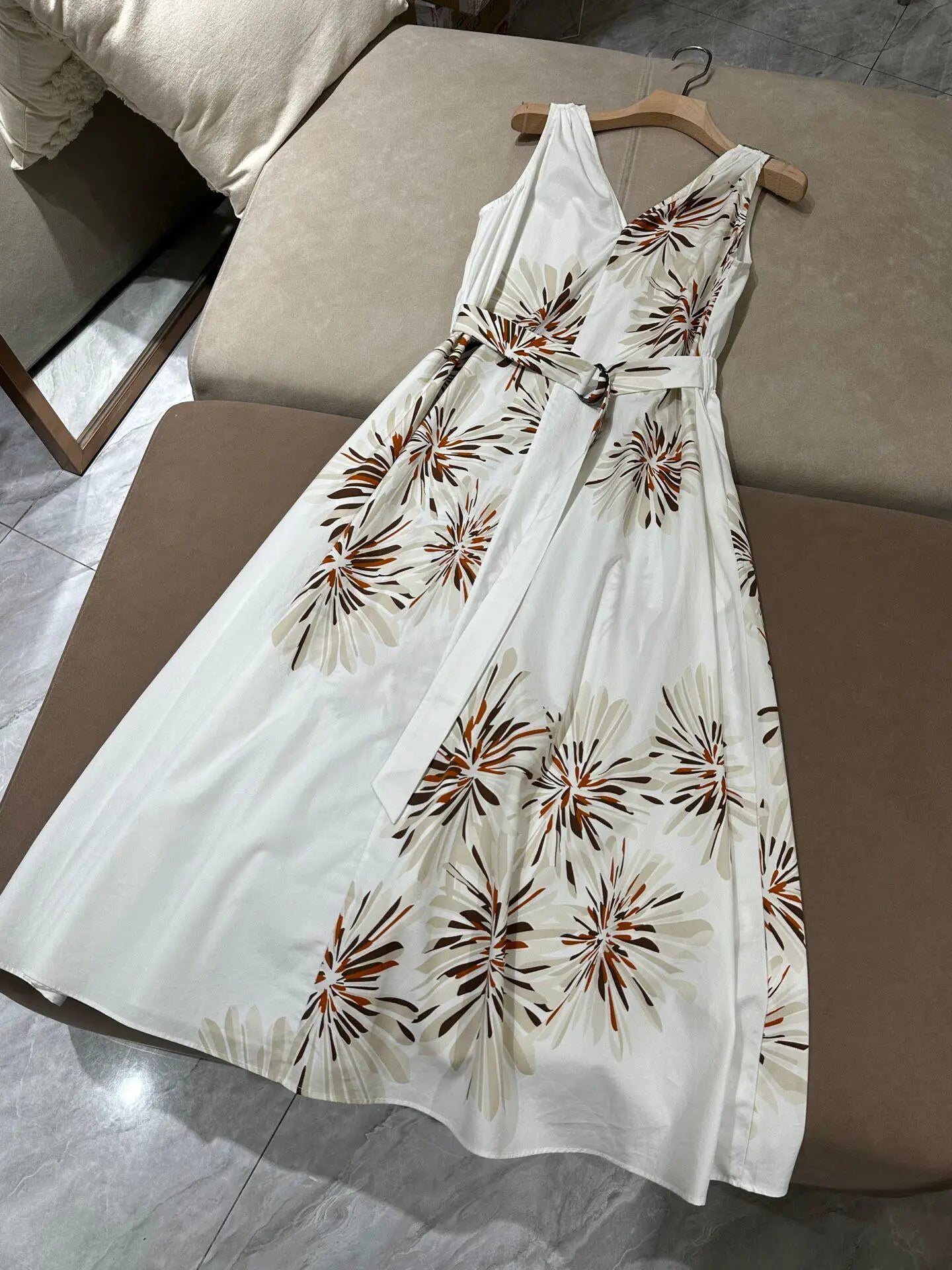 V-Neck Cinched Waist Dual Color Printed Sleeveless 100% Cotton Romantic Dress