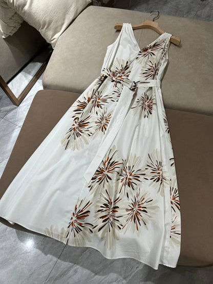 V-Neck Cinched Waist Dual Color Printed Sleeveless 100% Cotton Romantic Dress
