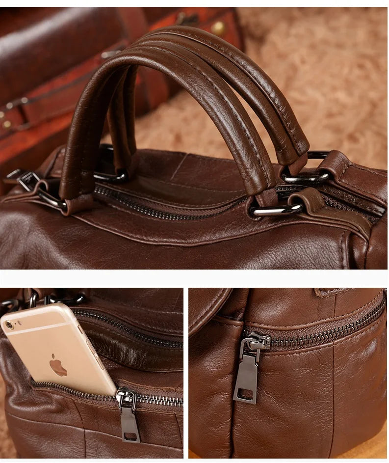 Women Natural Leather Handbags Female Bag High Quality Solid Color Zipper Shoulder Crossbody Bag Cowhide Tote Top-Handle Bags