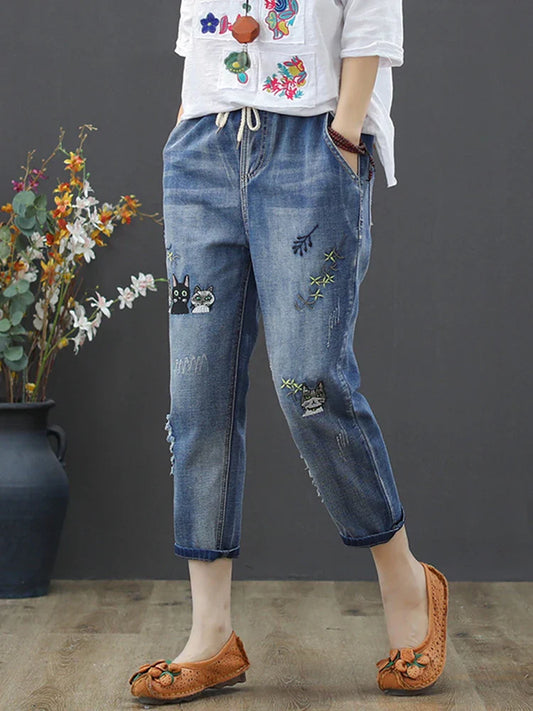 2025 Fashion Summer Streetwear Denim Trousers Ladies Vintage Elastic Jeans Womens Casual Loose Embroidery Harem Pants