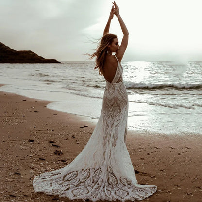 Customized Sexy Lace V Neck Beach Mermaid Wedding Dresses Elegant Spaghetti Straps Bridal Gowns Backless Vestidos De Novia