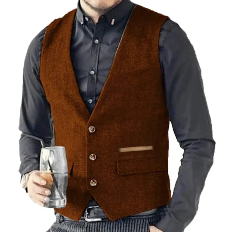 Men Vest Brown Solid Tweed Vest Retro Herringbone Vintage Wedding Groom Banquet Gilet Men Vest Suit