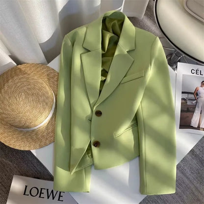 Black Cropped Blazers Woman Trend 2025 New All-match Notched Collar Crop Jacket Women Korean Chic Single Button Suit Coat Tops