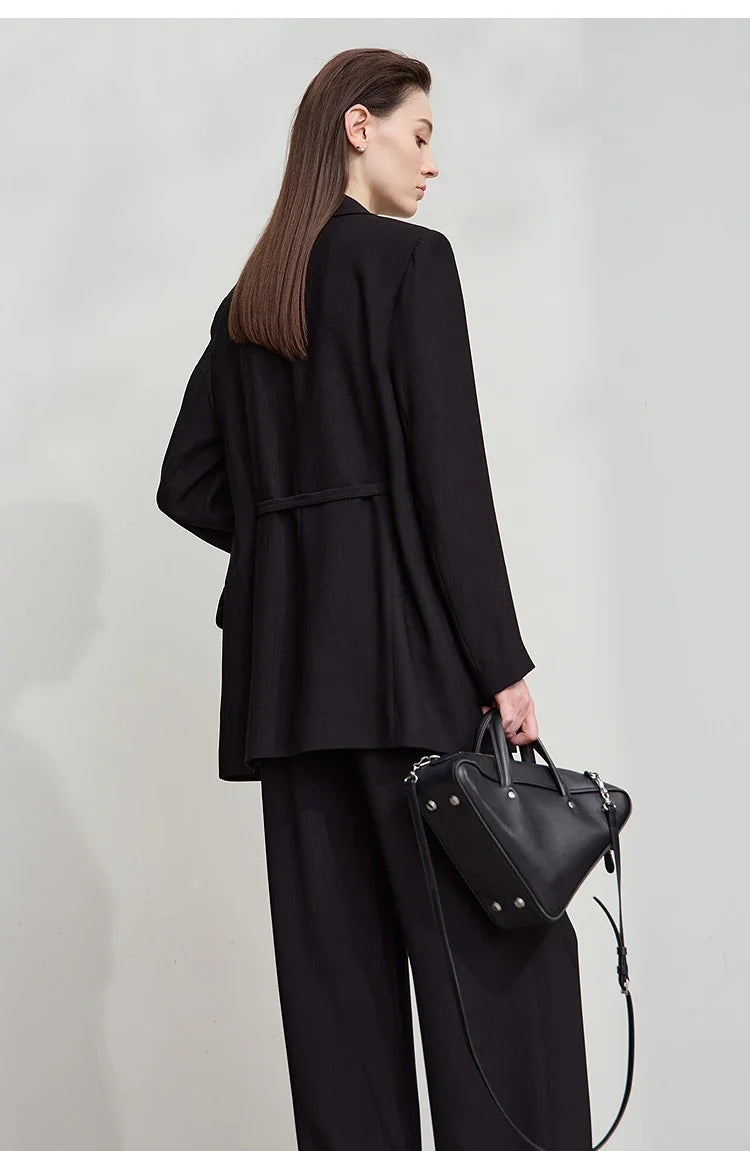 Office Lady Solid Blazers 2025 Autumn New Long Sleeves Loose Coat Notched Business Jacket Belt Women's Clothing 12543025
