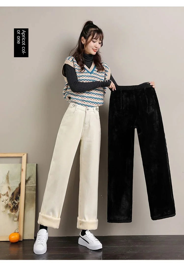 Winter Thick Warm Womens High Waist Jeans Fleece Lined Loose Fit Wide Leg Trousers Korean Style Stretchy Adjustable Waist  Jeans