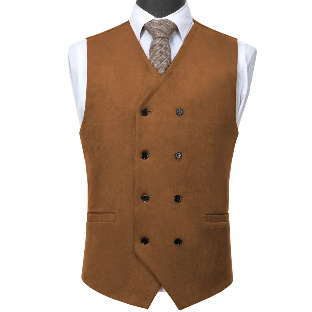 Men Vest Brown Suede Double Button Solid Waistcoat For Wedding Birthday Banquet Party Business Work Daily Casual Men Suit Vest