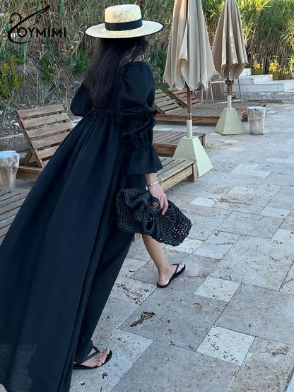 Fashion Black Lace-Up Dresses 2025 Woman Elegant Square Neck Long Sleeve Dresses Casual High Waisted Ankle-Length Dress