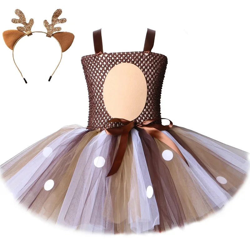 Deer Costume for Girls Halloween Christmas Tutu Dress Reindeer Elk Cosplay Fancy Dress Up Kids Girl Birthday Party Clothes 1-12Y