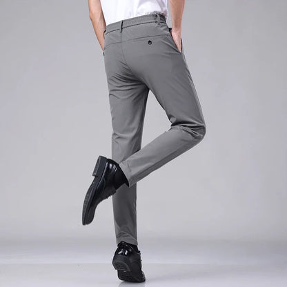 Ultra-thin Elastic Men's Casual Trousers Summer Quick-drying Ice Silk Slim Straight Business Solid Color Trousers Black Gray