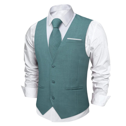 Fashion Men Vest Blue Single Breasted V Neck Solid Waistcoat For Wedding Birthday Party Prom Business Daily Casual Men Suit Vest