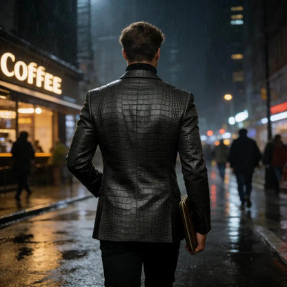 Men's Crocodile Embossed Leather Blazer British Vintage Notched Lapel Slim Fit Business Suit Jacket Two Button Flap Pockets Coat