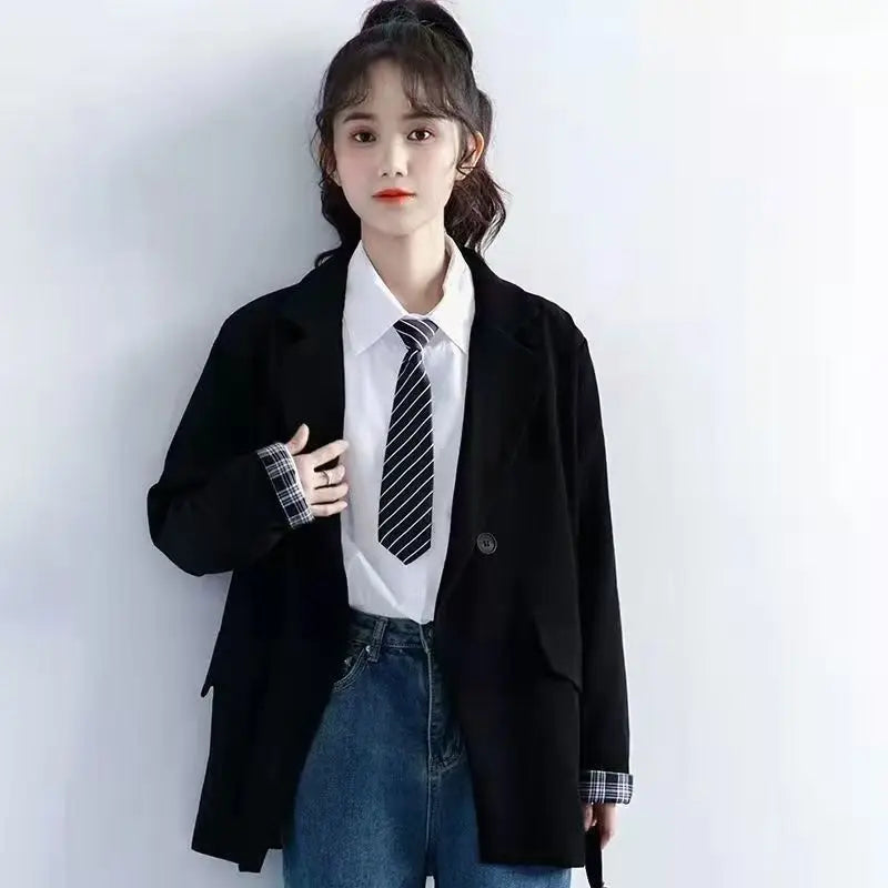 Petite Women's Spring Autumn Black Rolled Cuffs Blazer New Arrival Loose Vintage Casual Plaid Korean Style Chic Suit Jacket