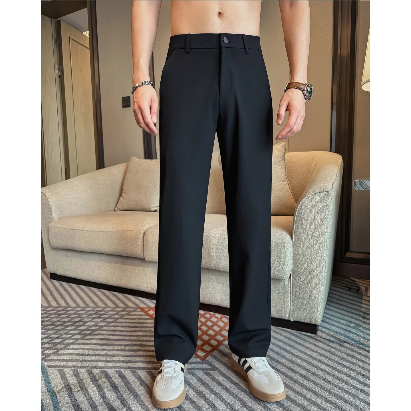 Men's Pleated Trousers, Elastic Waist, Wide-Leg, Casual Suit Pants, 2026 Spring, White/Black, S-4XL