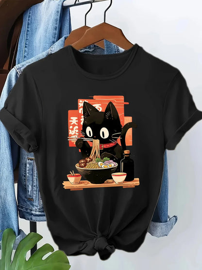 Japanese Ramen Cat Casual Funny  Print T-shirt Vintage Women's Casual Graphic Short Sleeve T Shirt Clothing Top Tee