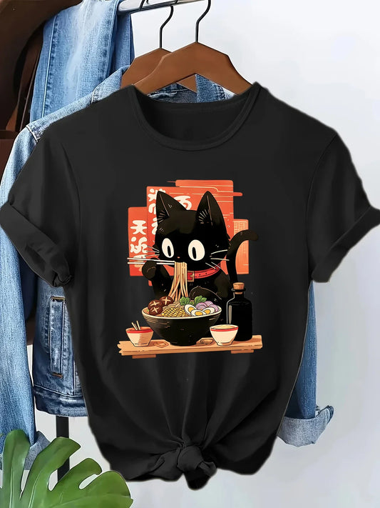 Japanese Ramen Cat Casual Funny  Print T-shirt Vintage Women's Casual Graphic Short Sleeve T Shirt Clothing Top Tee