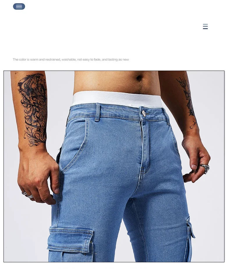 Slim Fit Large Pocket Jeans Cargo Pants for Men Fashionable Casual Hip Hop Stretch Denim Long Pants Male Streetwear Track Pants