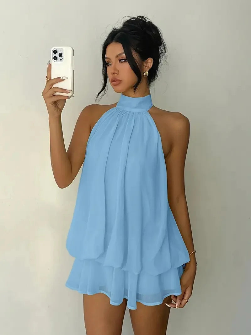 Women's Halter Neck Dress, Backless Tie-Front Chiffon Sheer Mini Skirt, Fashionable Sexy Y2K Vintage Cute Party Birthday Dress