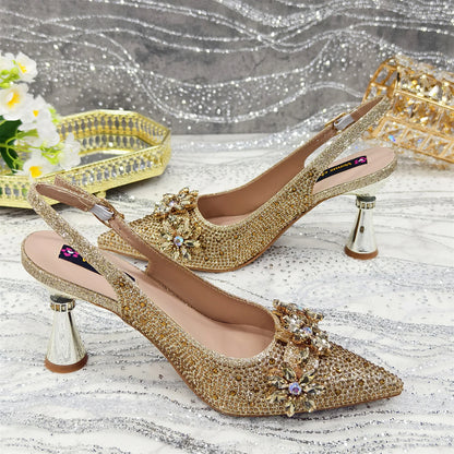 Olive-Green Pointed-Toe Women's High Heels Shoes and Bags for Party Rhinestone Evening Elegant Luxury Handbag
