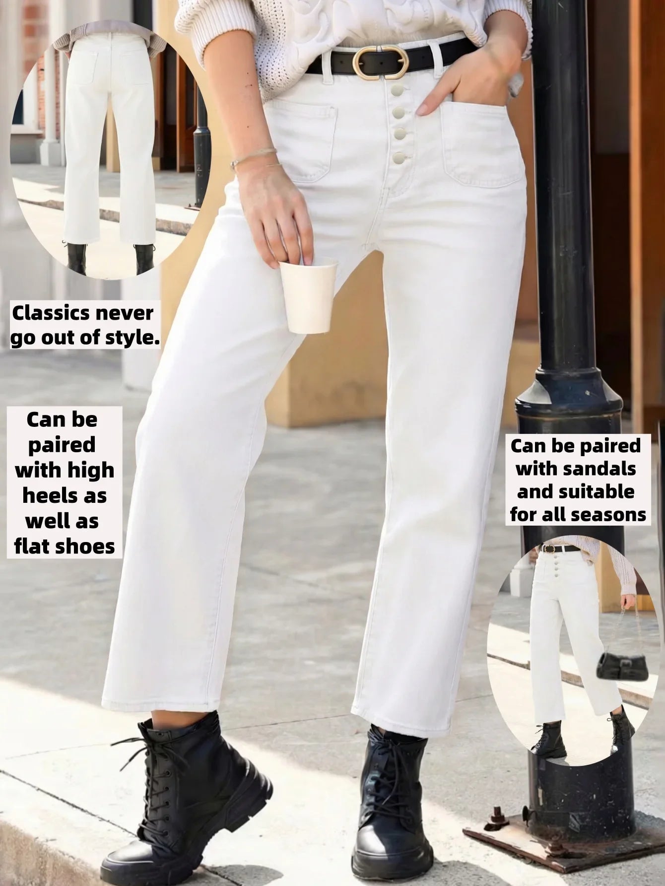 Women's Casual Loose Stretch Denim Pants Front Button Comfortable Washed Nine-Inch Long Trousers