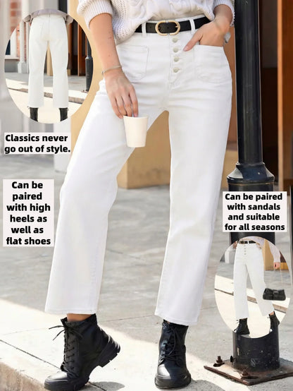 Women's Casual Loose Stretch Denim Pants Front Button Comfortable Washed Nine-Inch Long Trousers