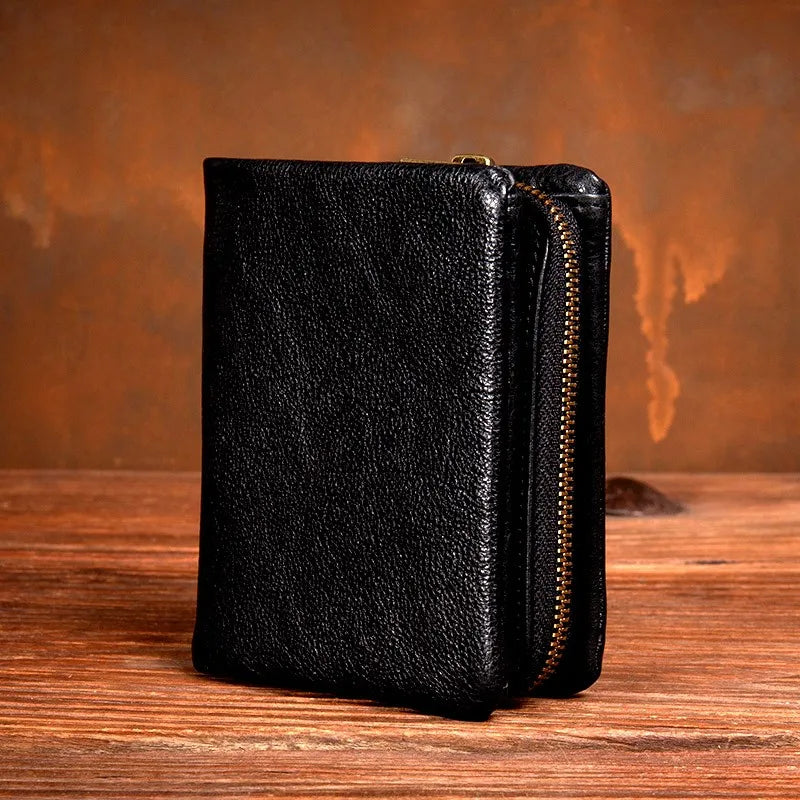 Original vegetable tanned cowhide short wallet, retro top layer cowhide wallet, handmade genuine leather multifunctional wallet