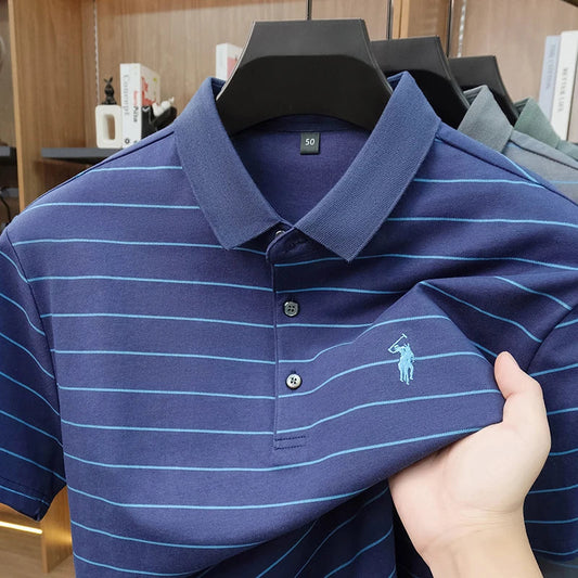 2026 New Summer Pure Cotton Short Sleeved Business Polo Shirt Men's Lapel Breathable Casual Versatile Top Striped T-shirt