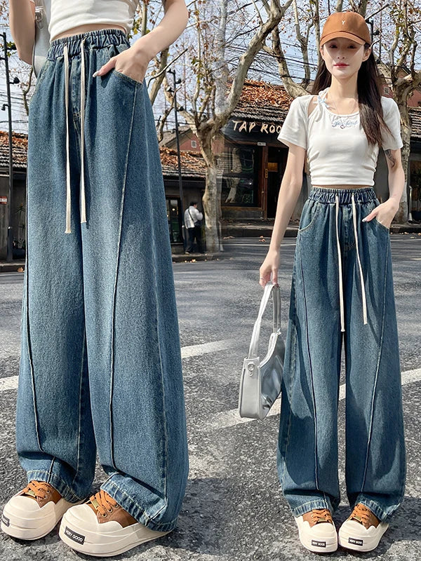 High Waist Wide Leg Jeans Women's Loose Fit Dstring Elastic Waist Long Trousers Blue Denim Spring Season Faion plus Size