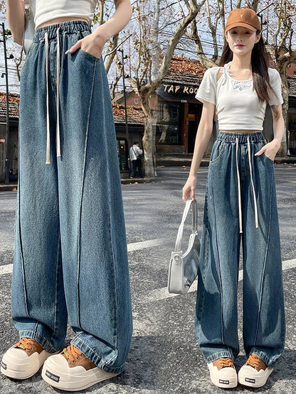 High Waist Wide Leg Jeans Women's Loose Fit Dstring Elastic Waist Long Trousers Blue Denim Spring Season Faion plus Size