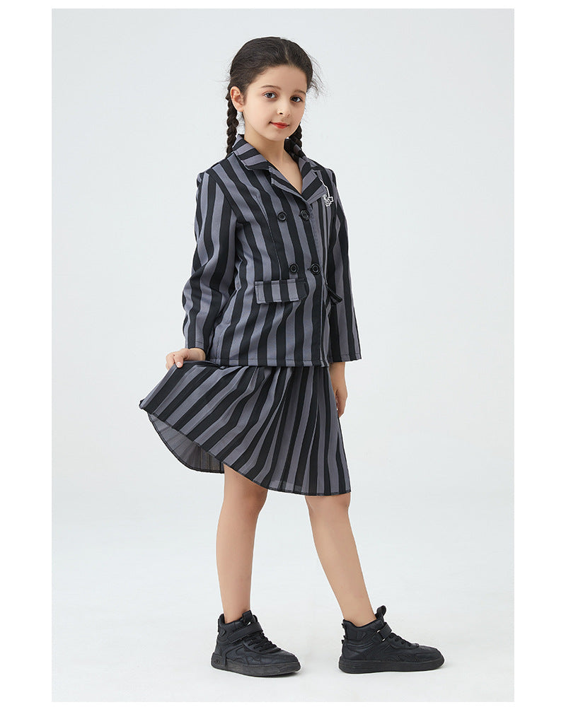 Girl Addams Family Halloween Cosplay Costume Girls Gray Purple Wednesday Addams Uniform Suit Skirts Wig Hand Wednesday Clothes