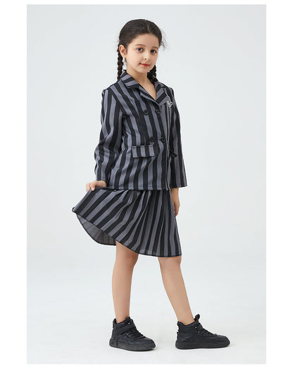 Girl Addams Family Halloween Cosplay Costume Girls Gray Purple Wednesday Addams Uniform Suit Skirts Wig Hand Wednesday Clothes