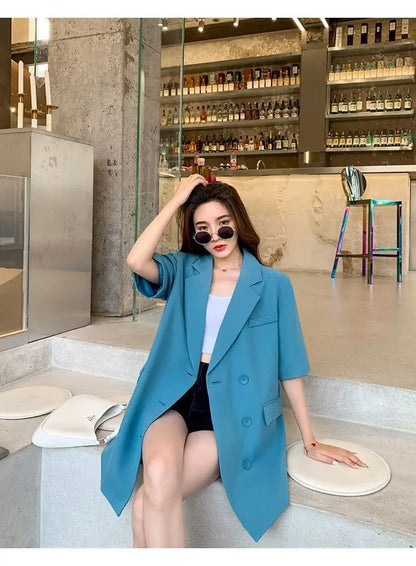 Korean Fashion Loose Thin Blazer Women Spring Autumn New Extra Large Mid Length Short Sleeved Women Coat Casual Outwear
