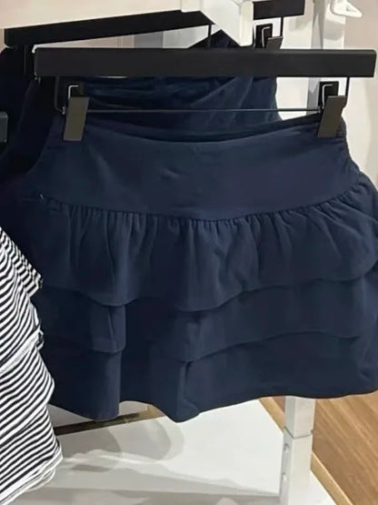 Ruffles Navy Mini Skirts Women Summer Sexy Low Waiste Solid Preppy Style A-line Skirts Vintage Streetwear Chic Solid Bottoms Y2k