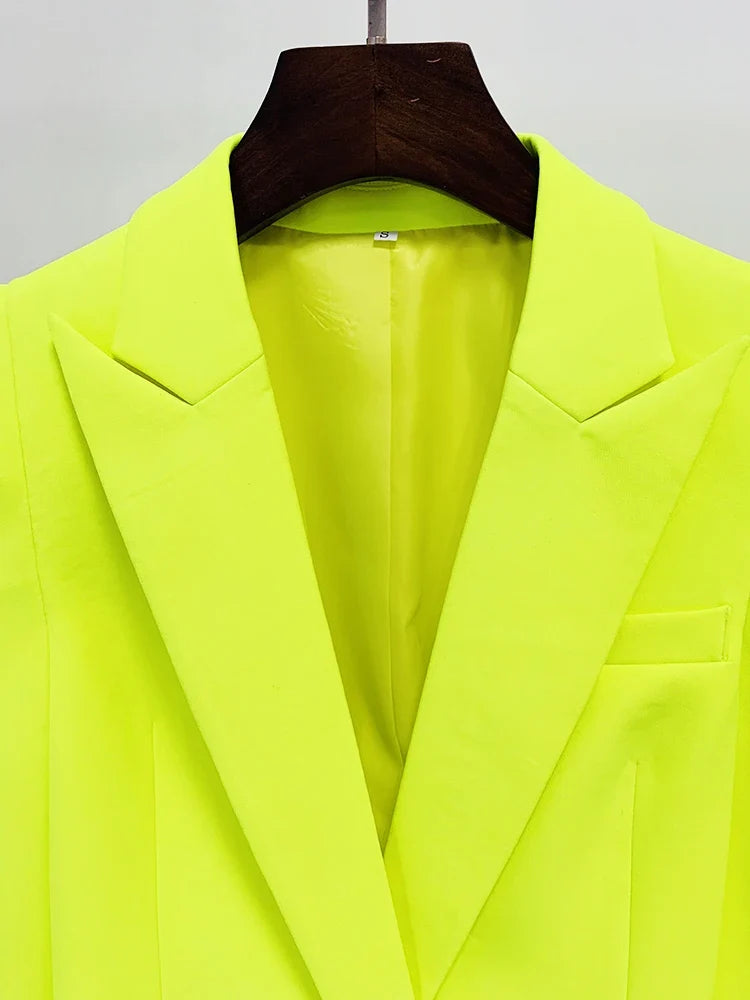 HIGH STREET Newest Fashion 2026 Designer Jacket Women Peak Strong Shoulder Double Breasted Long Blazer Fluorescein