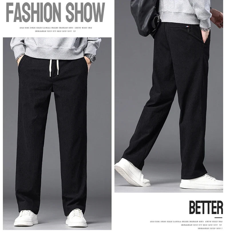 Straight Corduroy Classic Male Pants Khaki Black Gray Baggy Fashion Elastic Waist Trousers Soft Stretchy Casual Men's Clothing