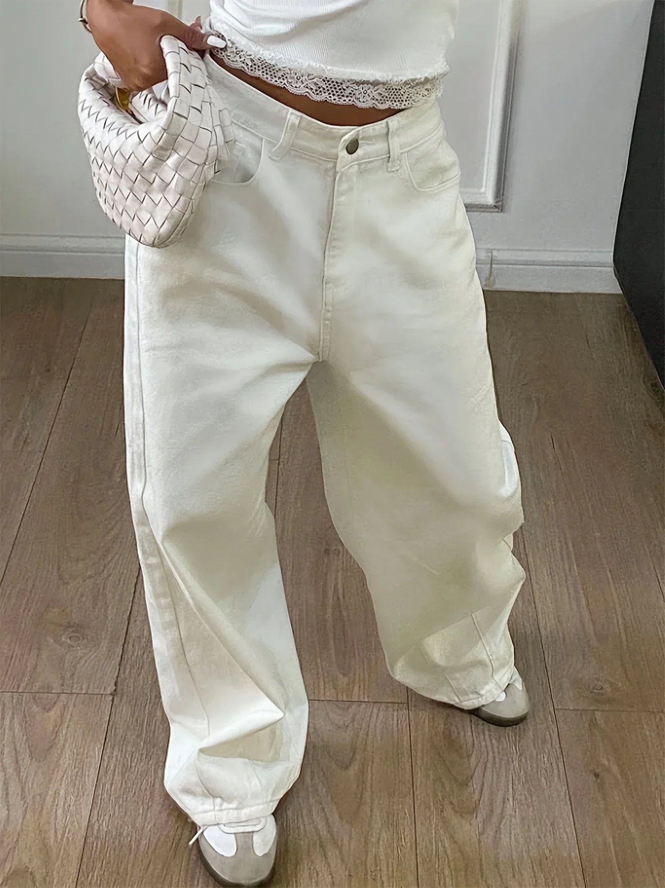 New Spring/Summer 2026 women's loose wide - leg solid - colored jeans, casual and versatile jeans with pleat details