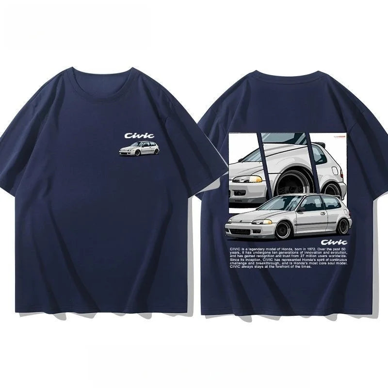Honda Civic Motorcycle Short-sleeved Classic Modified Car Culture JDM Car Racing Fan T-shirt Club Men's Top