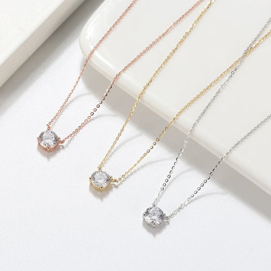 925 Sterling Silver Dainty Necklace for Women 14K Gold Plated Round Brilliant Cut Solitaire Pendant Necklace APN13