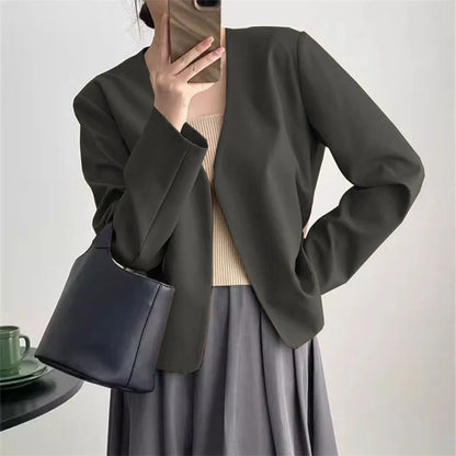 2025 Spring Autumn Fashion New Women's Suit Jackets Solid Short Coats Korean Blazers Long Sleeve Cardigan Coat Without Placket