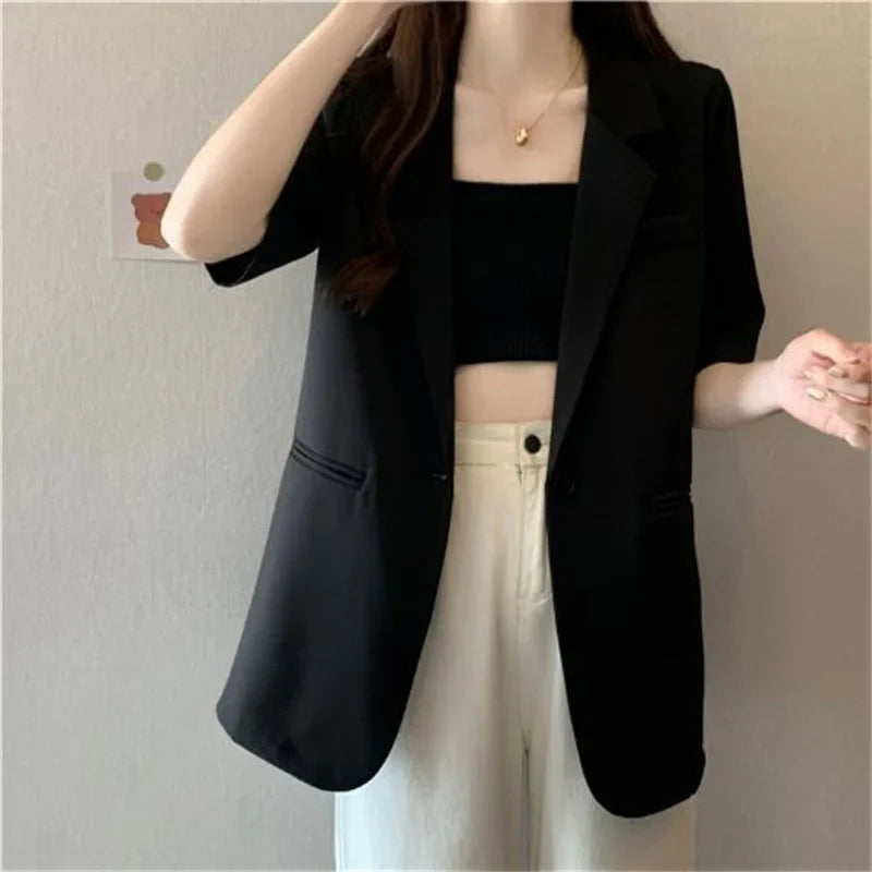 2026 Female Short Sleeved Suit Coat Women Summer Loose Fitting Solid Color Blazer Jacket Ladies Korean Leisure Tops Outerwear