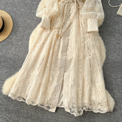High-End Women's Dress Heavy Embroidery A-Line Long Skirt V-Neck Lantern Sleeve Single Button High Waist Korean Style Commute