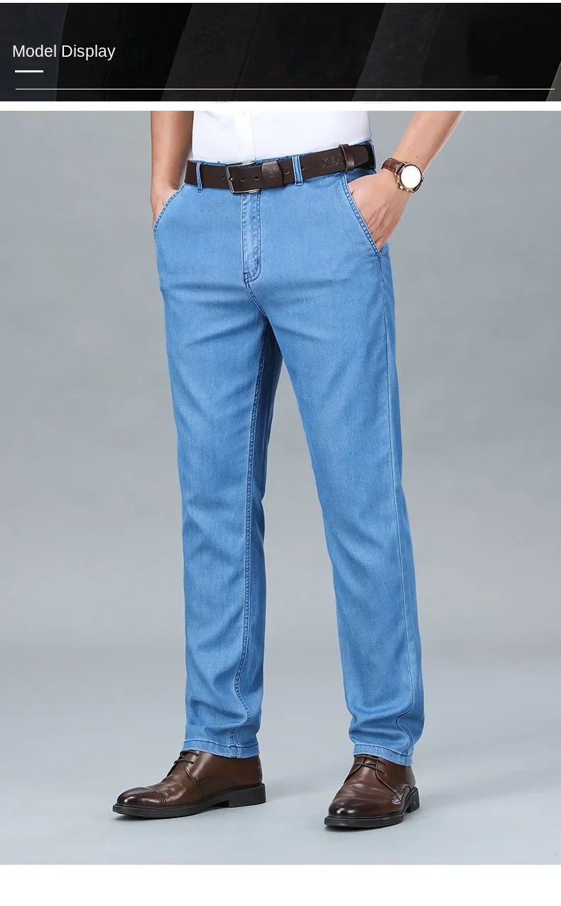 2026 New Spring Men's Light Blue Stretch Straight Jeans Business Casual Denim Pants Modal Fabric Trousers Male Brand