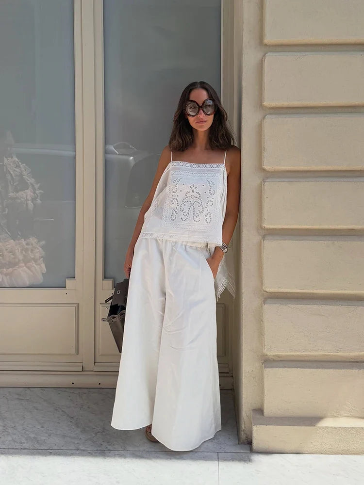 Thin Strap Square Neck Hollow Embroidery Women Cami Top Back Self Tie String Irregular Asymmetrical Lace Hem Loose Cropped Tank