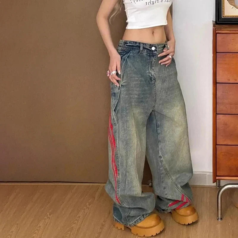 Autumn And Winter Korean Fashion Women'S Straight Leg Jeans With Side Stripes Wide Leg Pants Casual Pants Blue Jeans