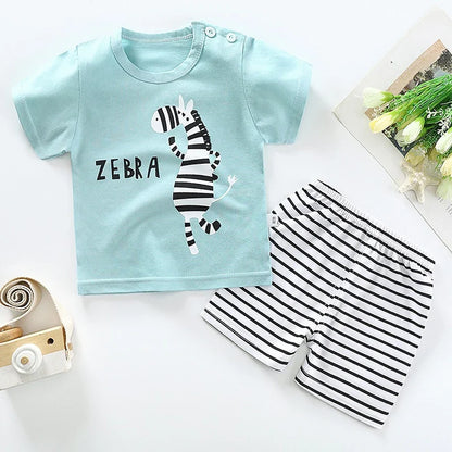 1-6 Years Kids Summer Tees+Stripe Shorts 2-piece Clothes Set Pajama Cotton Underwear Cartoon Zebra Dinosaur Print Sleepwear Suit